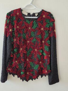 Scala Red & Green Beaded Poinsettia Long Sleeve, Silk Top, L